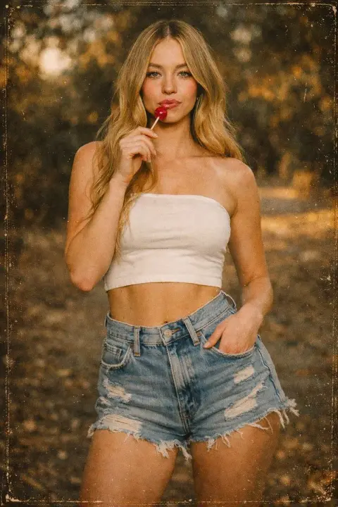Summer girl with red lollipop under retro film light and shadow