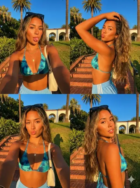 Sunny and hot bronzed girl in bikini with four squares