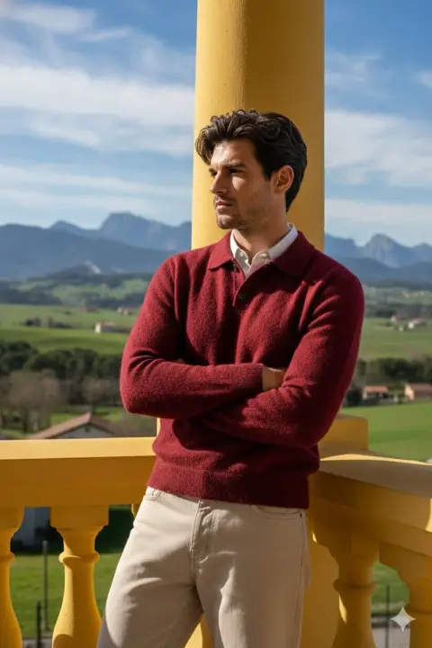 Sunny boy in red on the balcony