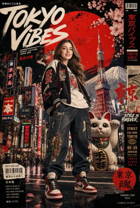 Super fine Japanese street fashion poster of South Asian women Tokyo street scene
