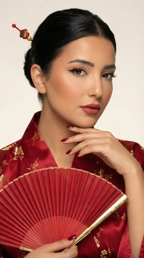 Super realistic beauty shoot in crimson kimono