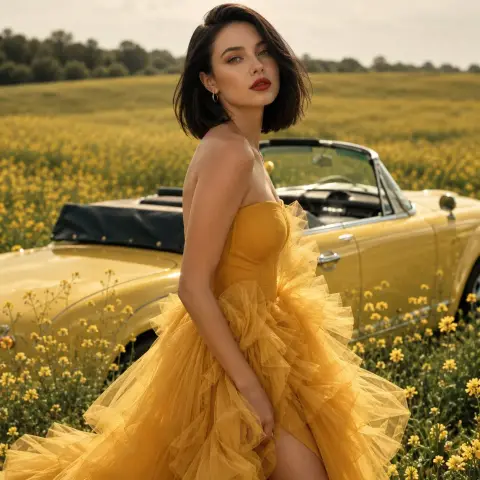 Super-realistic blockbuster of retro convertible haute couture dress in a sea of ​​golden flowers