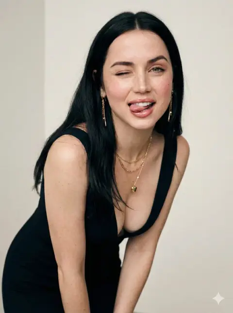 Super realistic blockbuster of a beautiful girl with blond hair and red dress playfully sticking out her tongue