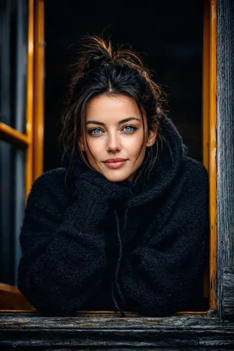 Super-realistic blue-eyed girl in front of the wooden window