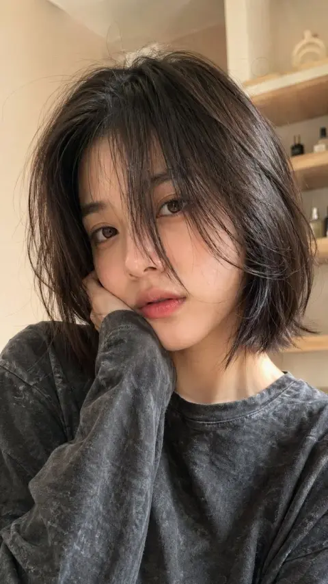 Super realistic close-up of girl with casual short hair