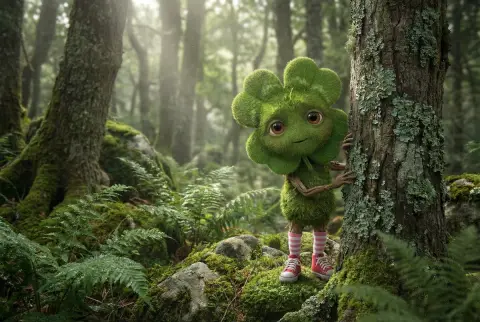 Super realistic close-up of the four-leaf clover elf behind the forest tree
