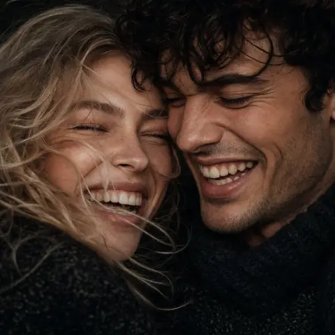 Super realistic couple laughing close-up prompt word