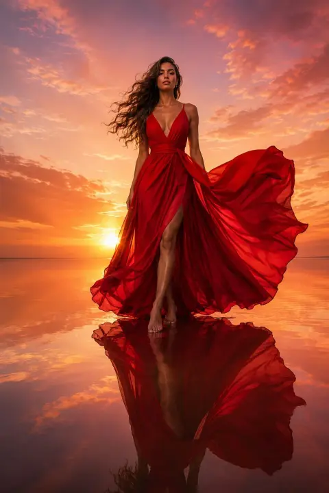 Super-realistic fashion blockbuster with luxurious crimson dress and sunset on the water