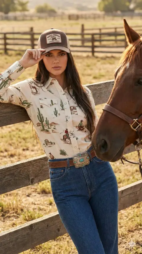 Super realistic girl with western fashion style in front of the sunny stables
