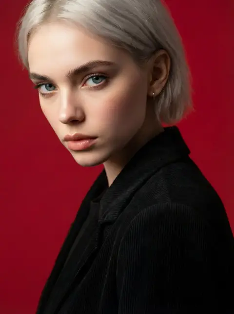 Super-realistic girl in suit under dark red studio light and shadow