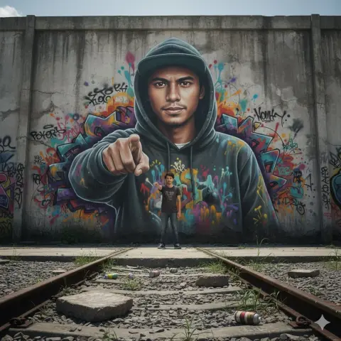 Super-realistic graffiti breaks through the wall and confronts the real self on the street