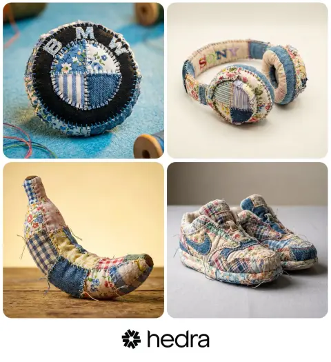 Super realistic handmade patchwork doll macro texture photography