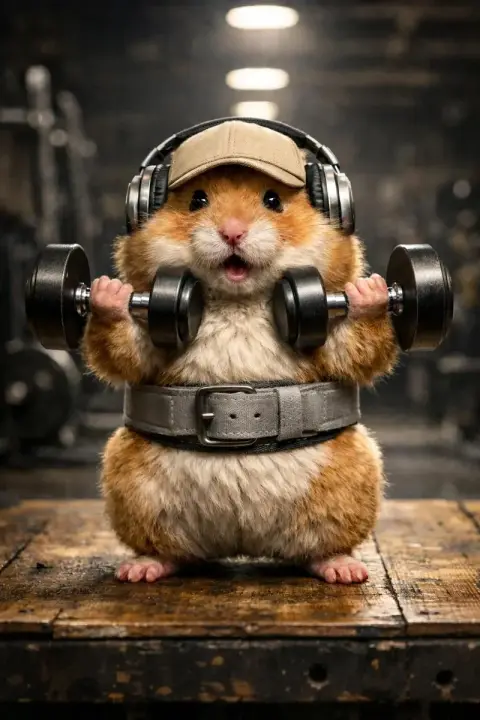 Super-realistic movie-level fitness show of cute hamsters