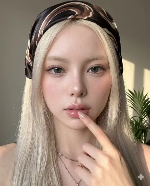 Super realistic photo of a girl with porcelain skin, blonde hair and silk scarf