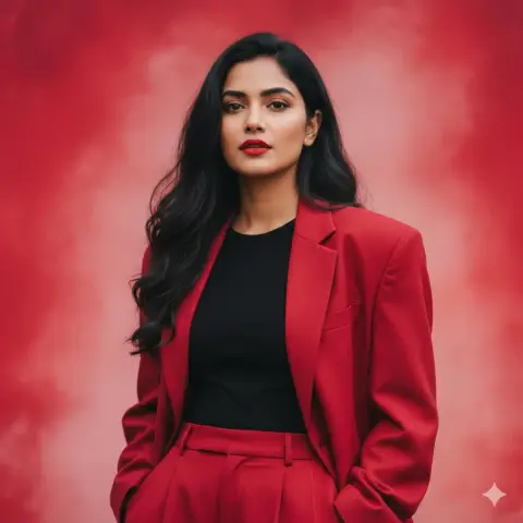 Super realistic portrait of Indian beauty with red lips and curly hair in suit