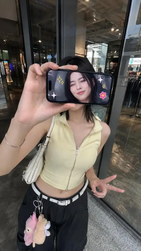 Super-realistic portrait reflected in glass window covering face with mobile phone