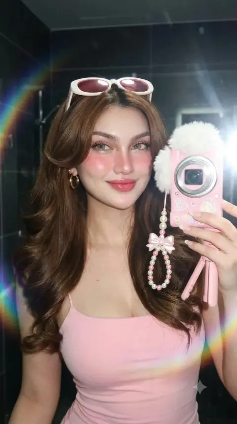Super realistic portrait of pink camera internet celebrity style mirror selfie