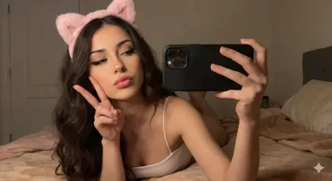 Super realistic private room selfie of girl with pure desire ceiling and cat ears