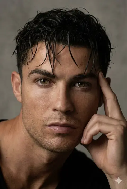 Super realistic Ronaldo staring affectionately in the blockbuster with wet hair