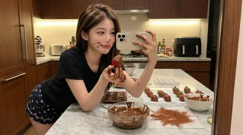 Super realistic selfie of a playful girl covered in chocolate in the kitchen