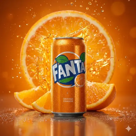Super realistic splash of iced Fanta orange juice