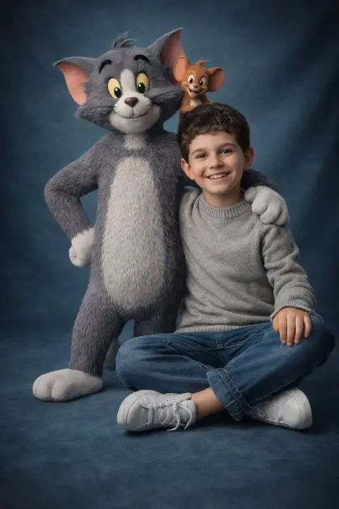 Super-realistic studio blockbuster of boy and cat and mouse