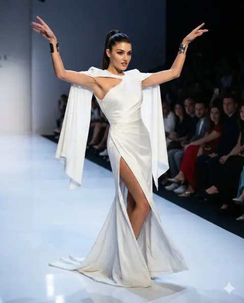 Supermodel in haute couture cape dress under the spotlight