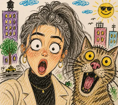 Surprised girl taking selfie with funny cat crayon illustration
