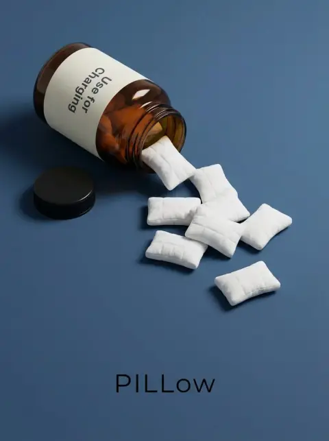 Surreal advert of creative rechargeable pill bottles pouring over soft pillows