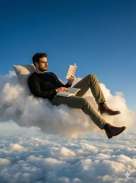 Surreal book writer above the sea of ​​clouds at dusk