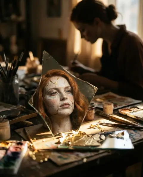 Surreal craftsman with cracked gold face reflected in broken mirror