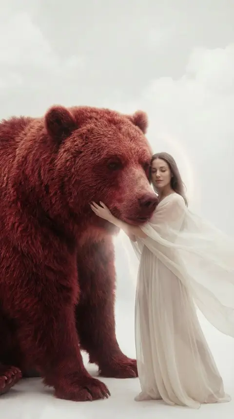 Surreal dream: A woman in white gently hugs a giant red bear