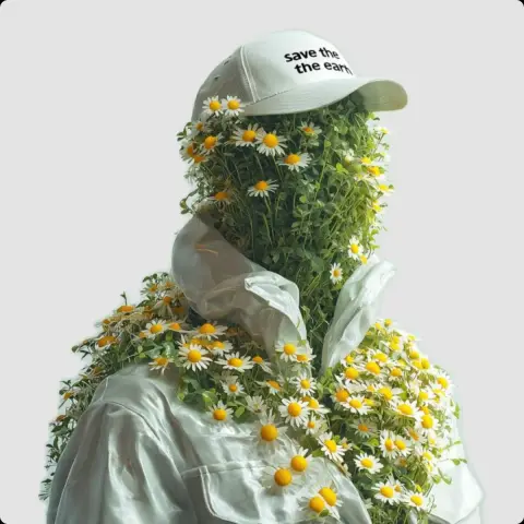 Surreal fashion portrait in orange with green grass and daisies