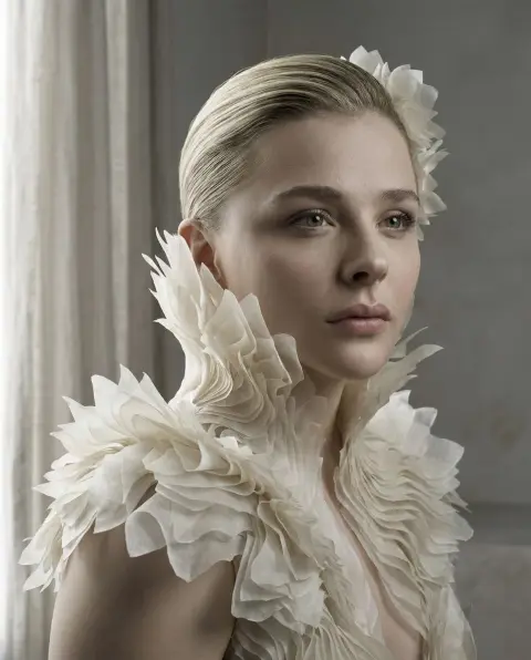 Surreal haute couture blooming with porcelain white paper art