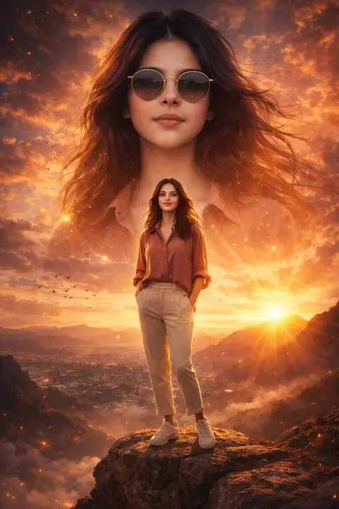 Surreal IMAX movie-like double exposure sunset portrait