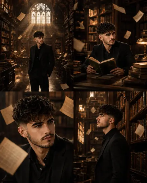 Surreal library portrait with floating book pages