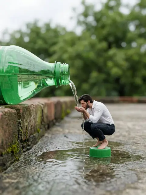 Surreal miniature: man drinking from bottle cap
