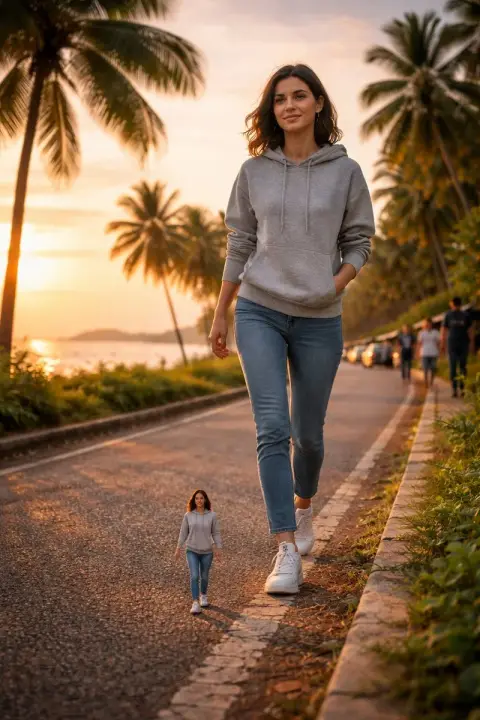 Surreal miniature walk on the sunset beach