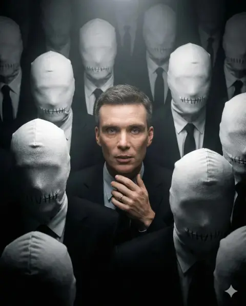 Surreal portrait of a person under spotlight surrounded by silent crowd