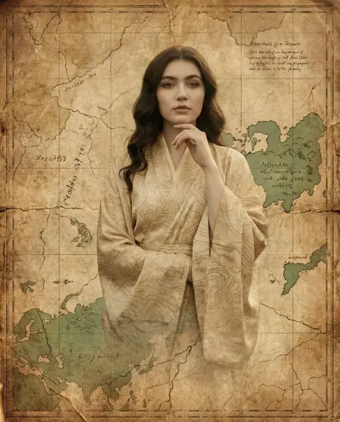 Surreal portrait of an oriental girl emerging from an ancient parchment