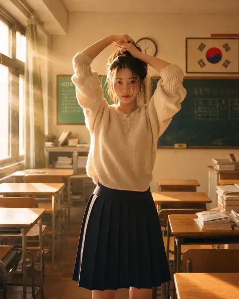 Surreal portrait of Korean woman writing on blackboard