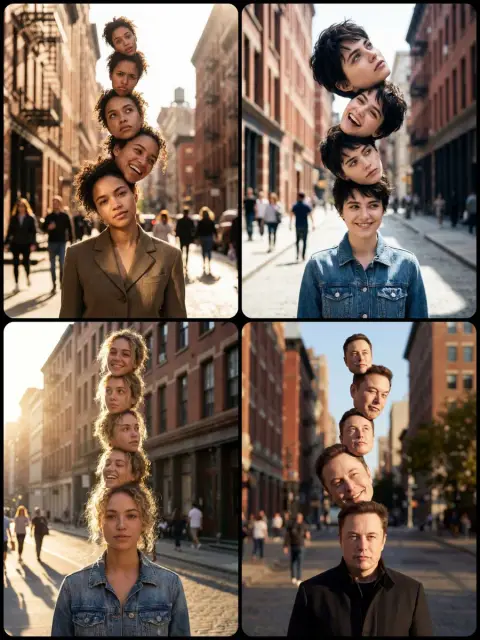 Surreal portrait of five heads on sunny street
