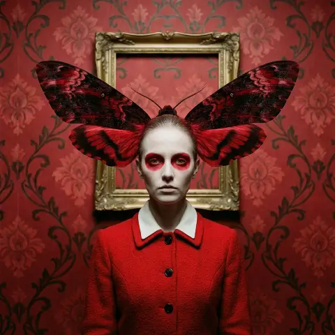 Surreal red-toned portrait photography of firstborn moth wings