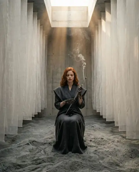 Surreal ritual of drawing smoke through the ashes chamber