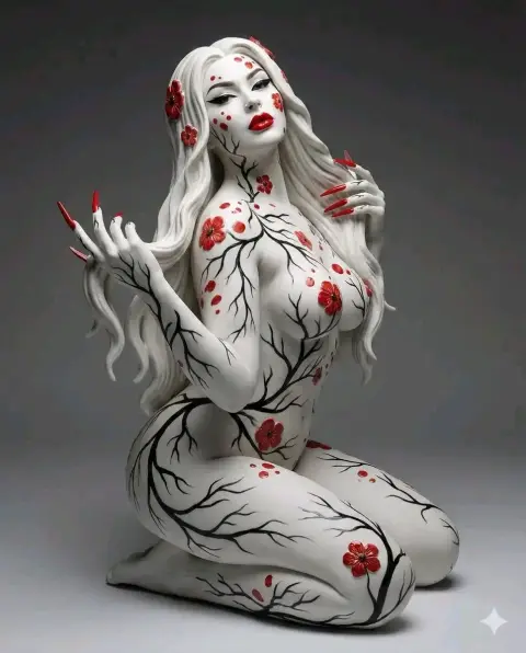 Surreal sculpture of white porcelain red cherry blossoms entwined with black branches