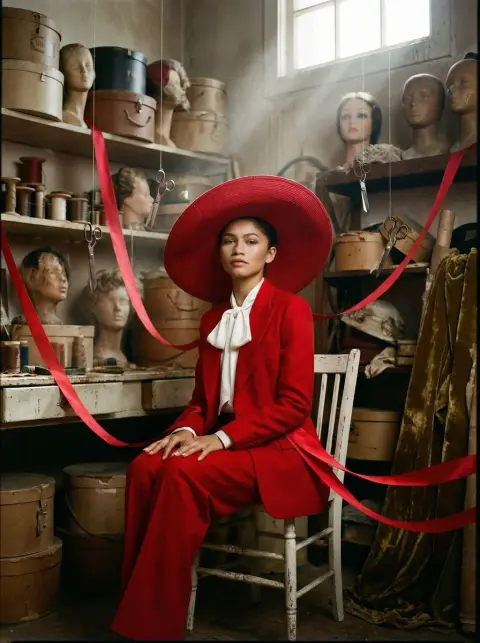 Surreal workshop where scarlet suits spread