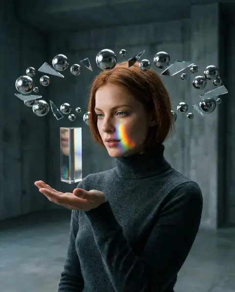 Surrealistic portrait of suspended chrome balls and refraction of light and shadow