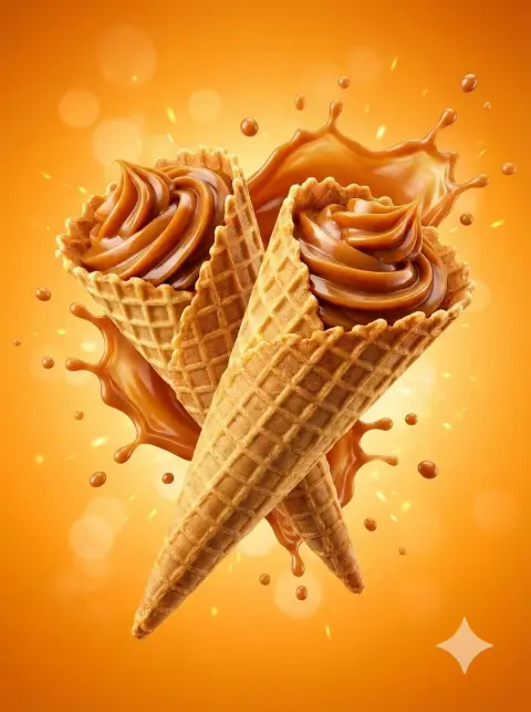 Suspended caramel cone dessert blockbuster