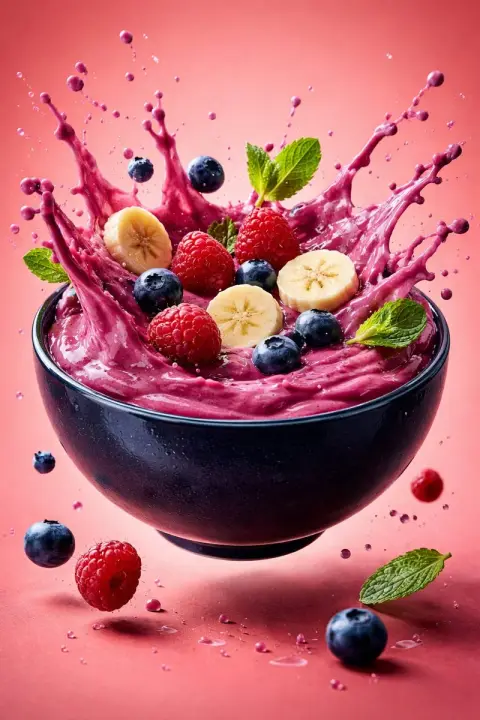 Suspended colorful milkshake bowl with berry splash