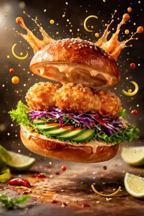 Suspended shrimp burgers and splashing sauce under cinematic lighting
